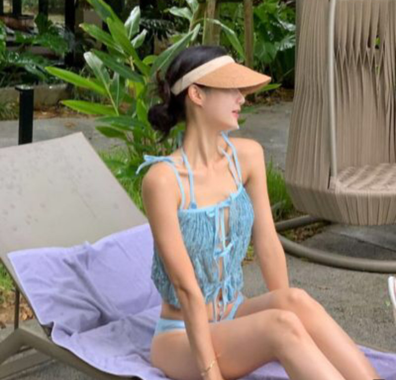 小清新蕾丝碎花三件套泳衣女高级感分体纯欲遮肚子显瘦比基尼泳装