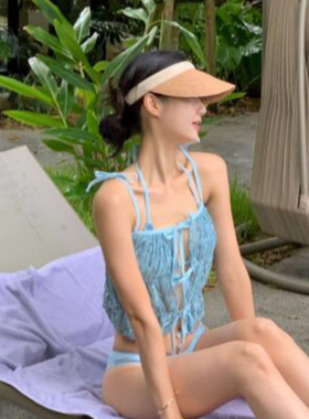 小清新蕾丝碎花三件套泳衣女高级感分体纯欲遮肚子显瘦比基尼泳装