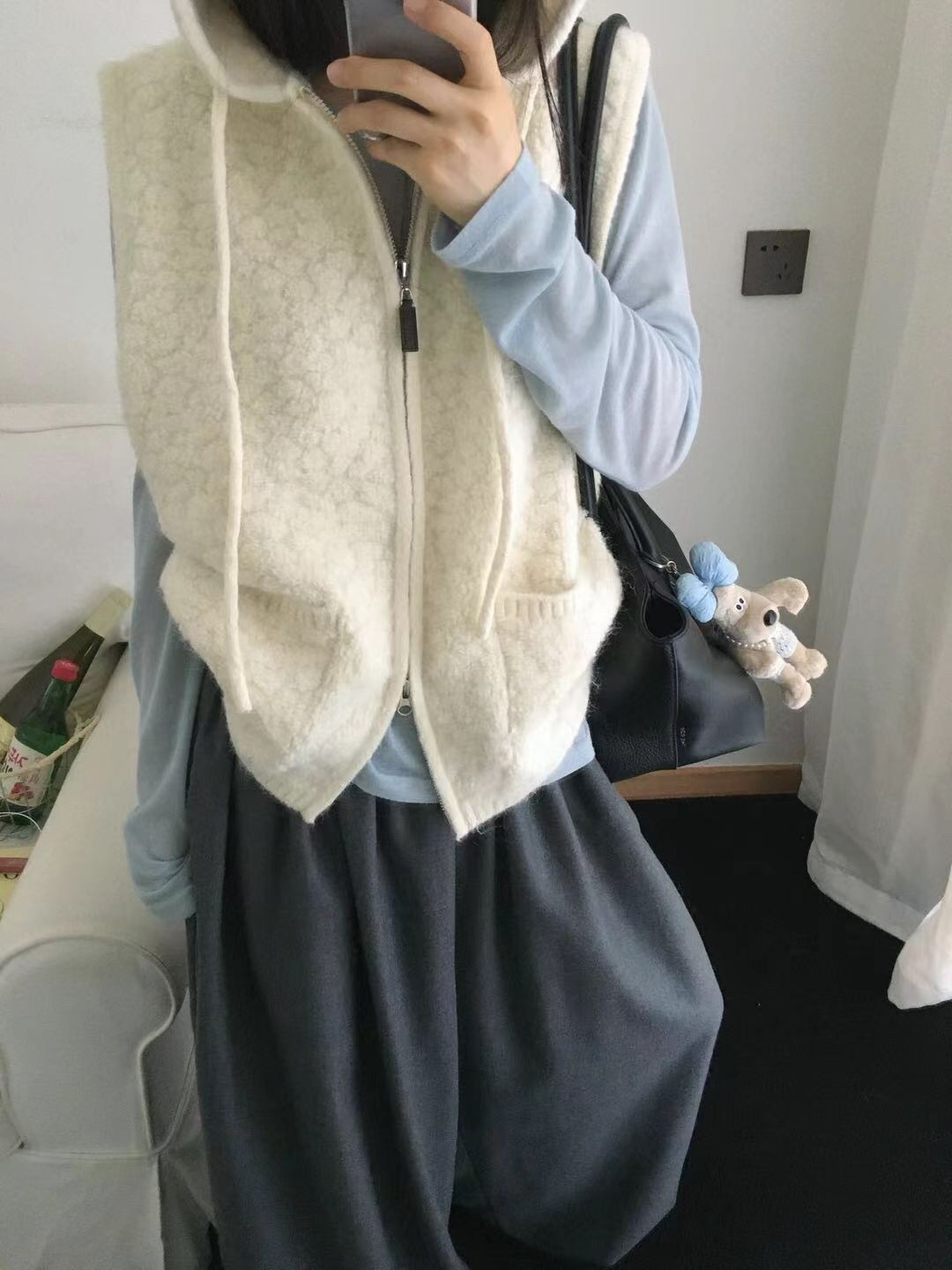 圈圈纱双拉链连帽开衫针织马甲女
