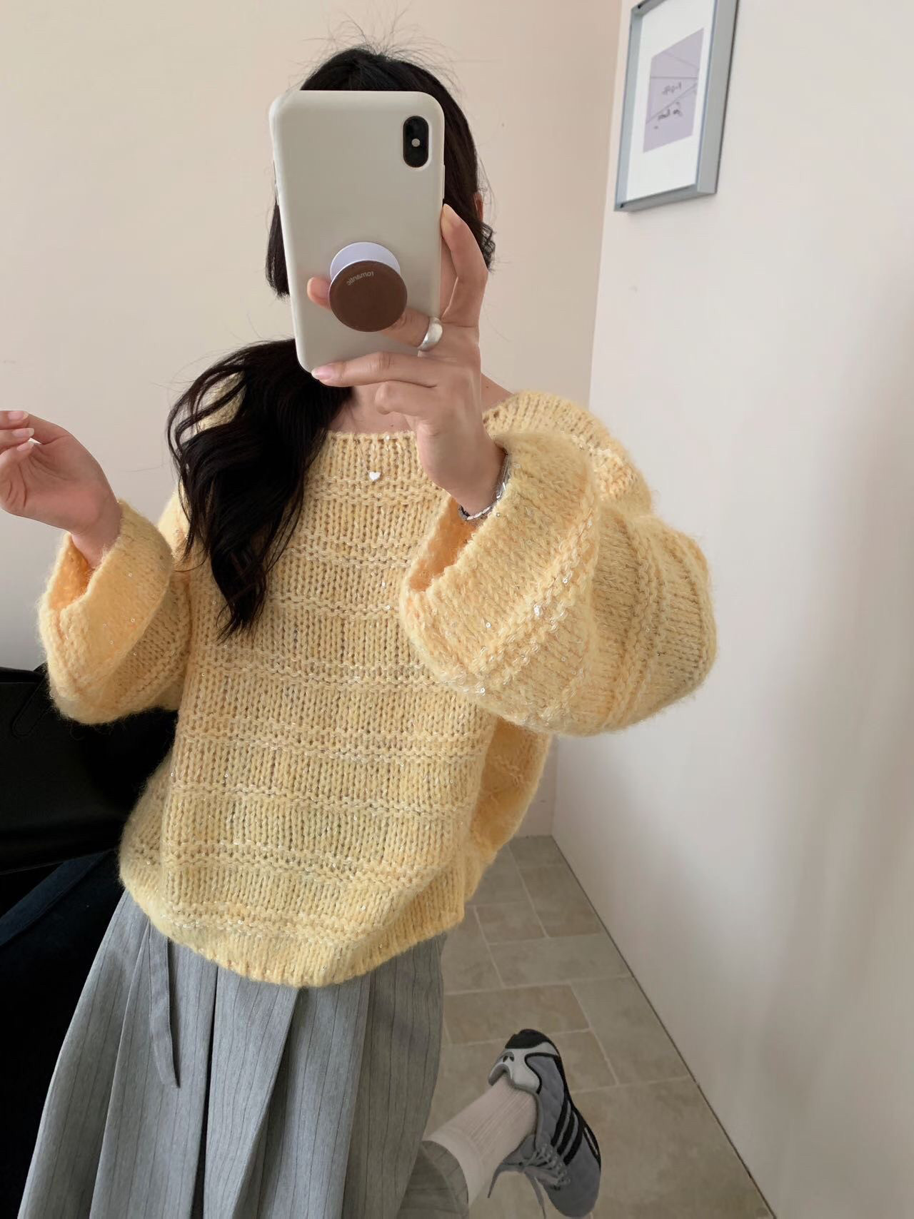 韩系横条纹亮片圆领套头毛衣女