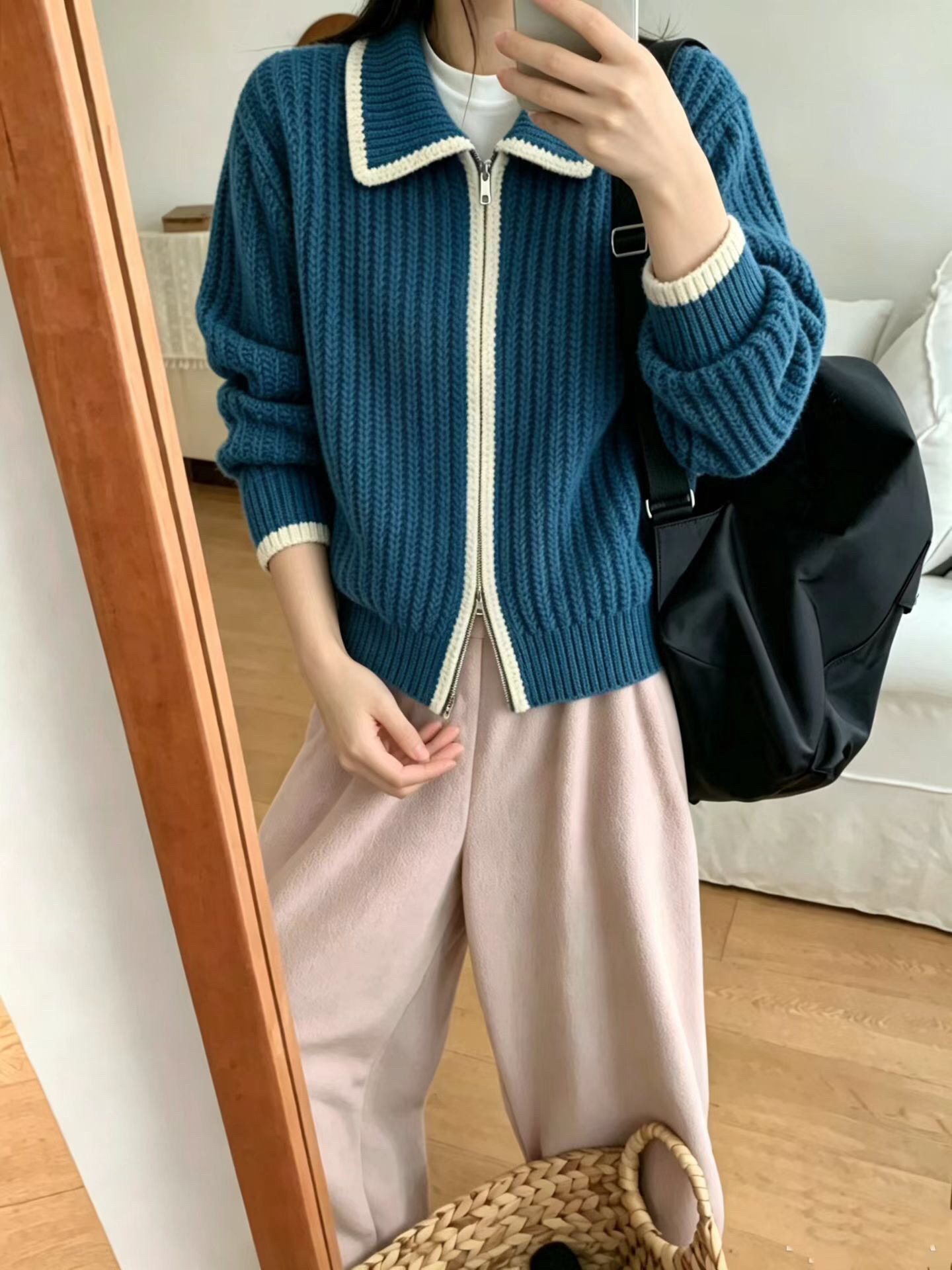 韩系复古polo领拉链针织开衫女