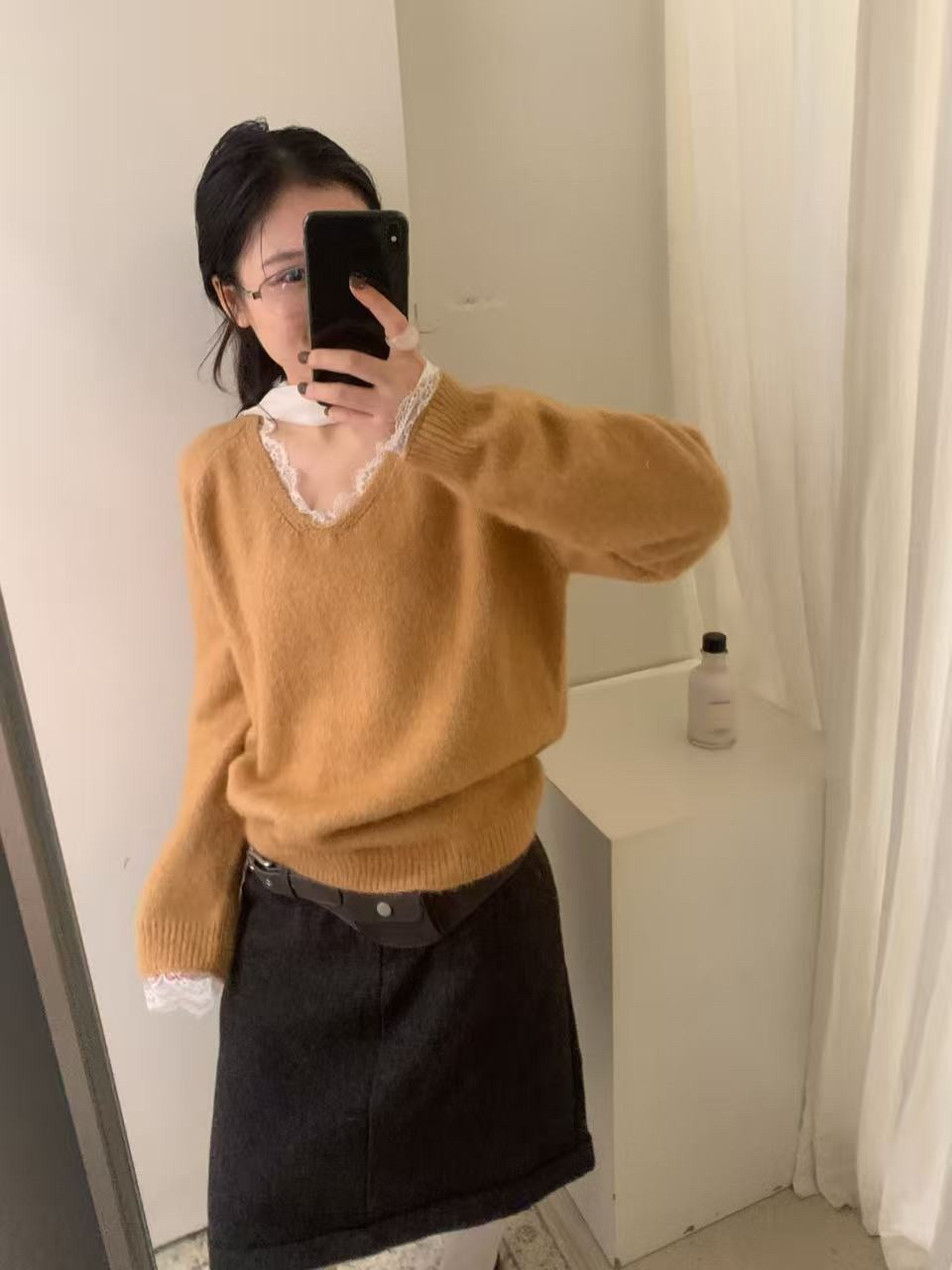 欧芷澜韩系温柔甜美蕾丝拼接v领针织衫女秋冬宽松柔软毛衣上衣厚