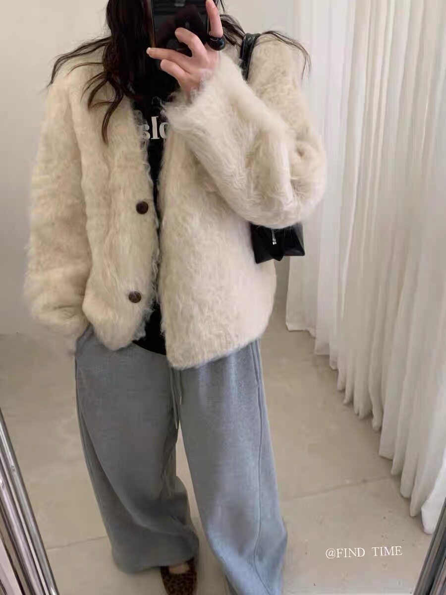 羊毛圈圈拉毛v领毛衣开衫厚外套