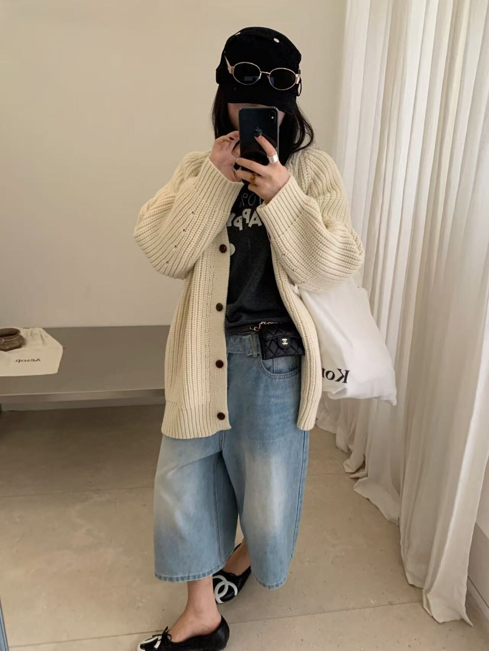 韩系慵懒中长款粗针v领毛衣开衫