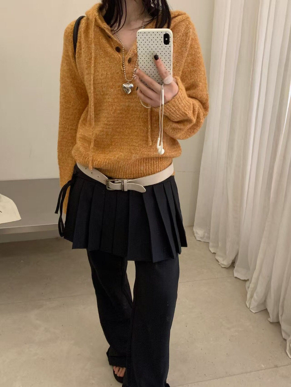 欧芷澜韩系花线连帽抽绳半纽扣橘色毛衣女秋冬穿搭慵懒套头针织衫