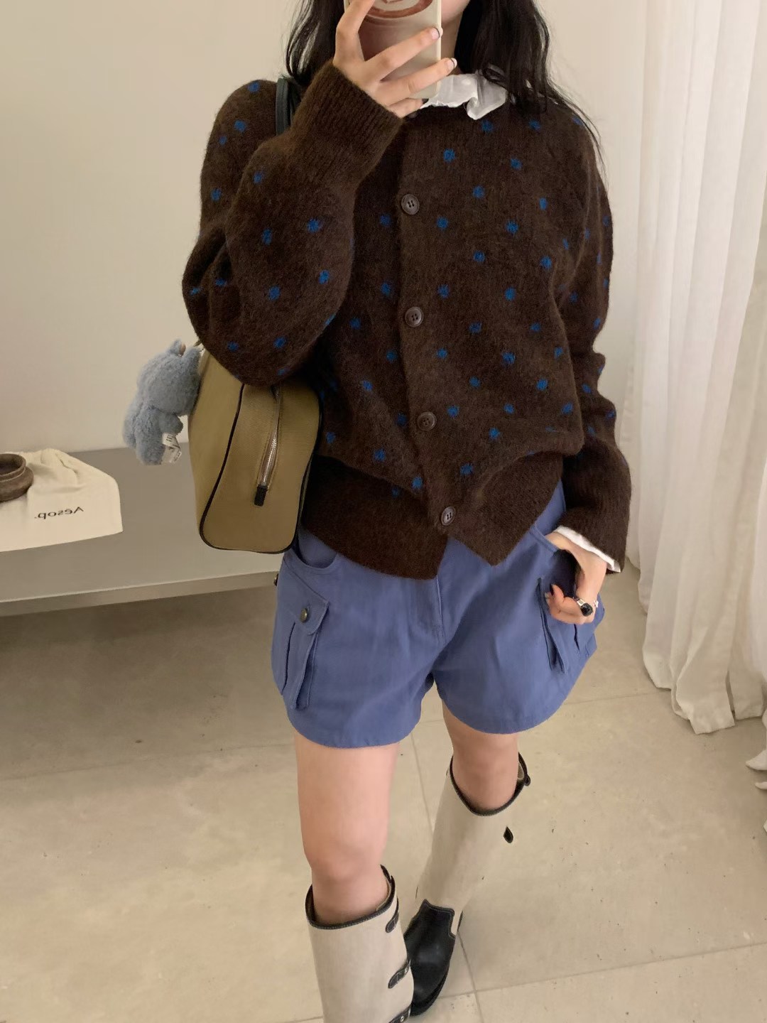韩系软糯复古波点圆领毛衣开衫女
