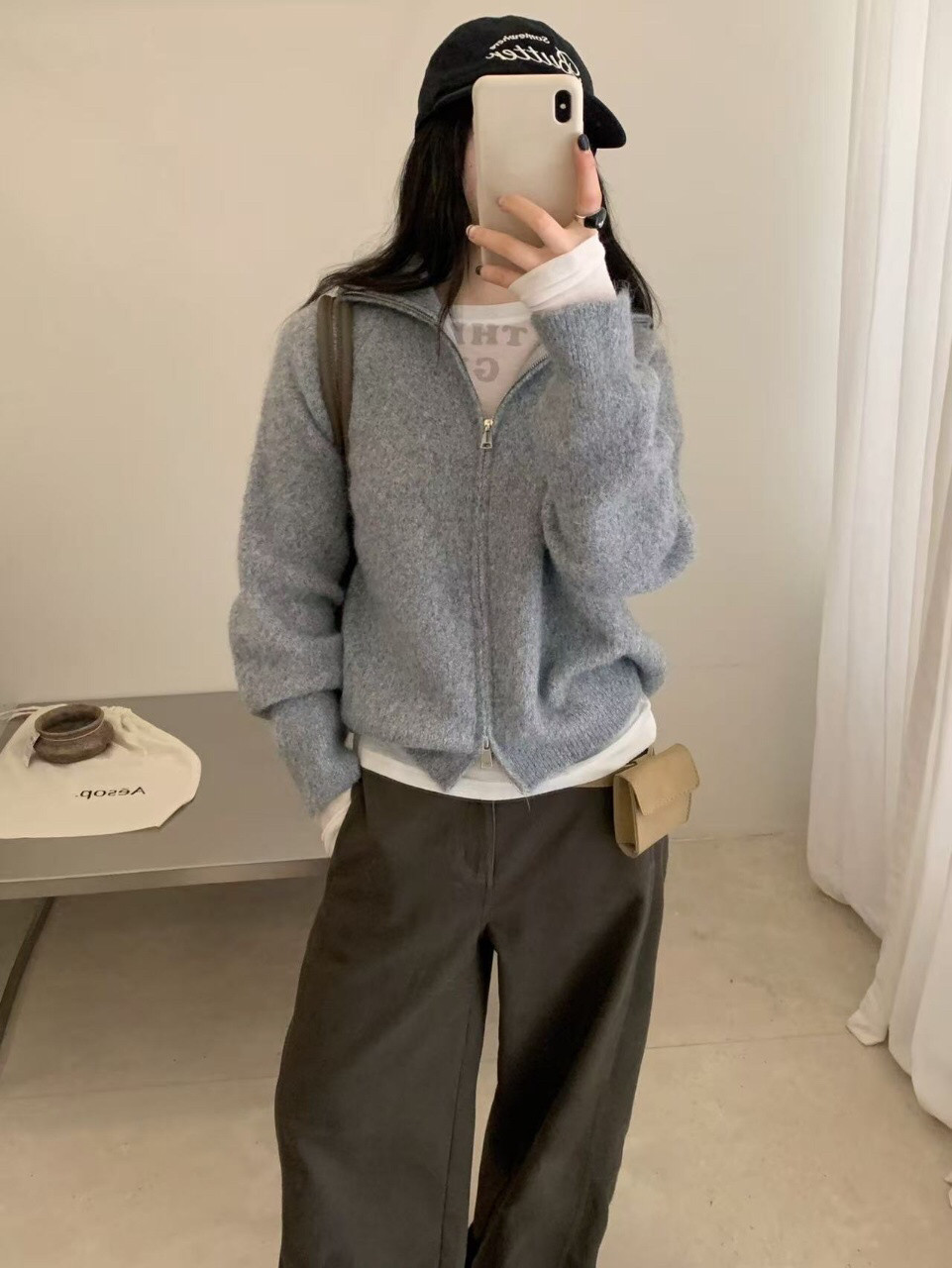 韩系慵懒风双拉链高领毛衣开衫女