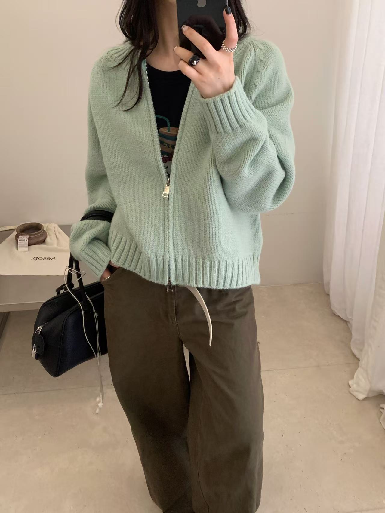 双拉链毛衣外套短款圆领针织开衫