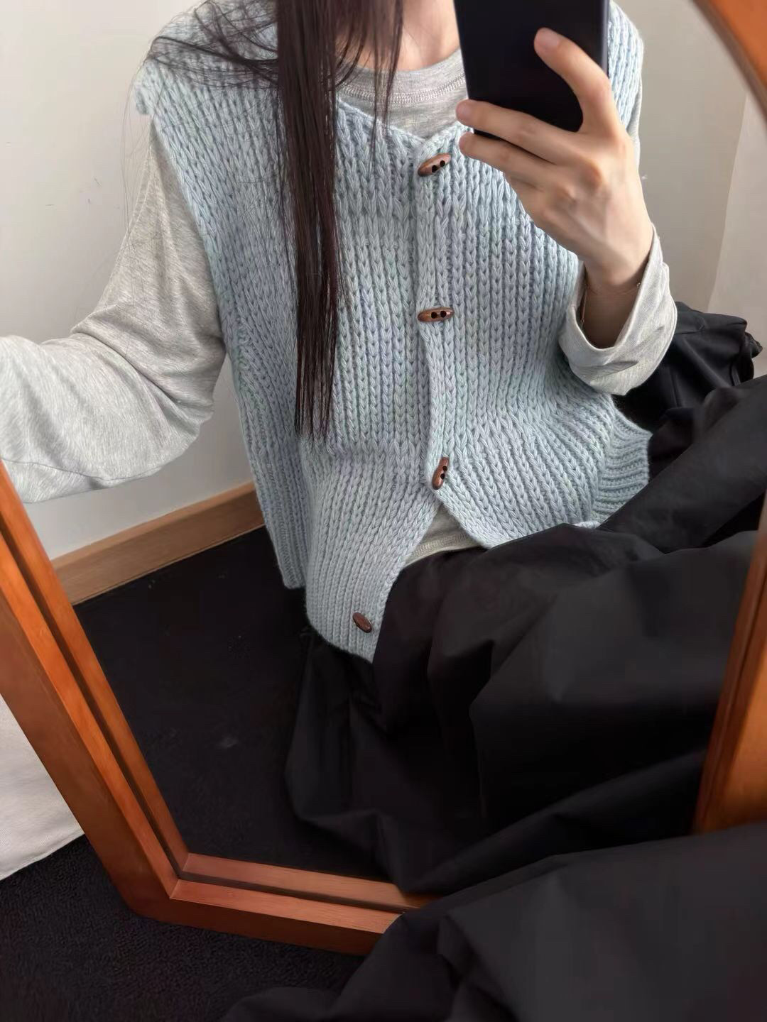 韩系蓝色粗针织开衫马甲背心女