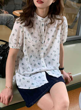 大吹女DCN/日式小茉莉清甜浅绿印花棉质复古立领小众短袖衬衫上衣