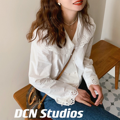 大吹女法式精致刺绣短袖棉质衬衫