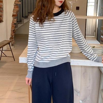 大吹女拼色条纹套头长袖针织