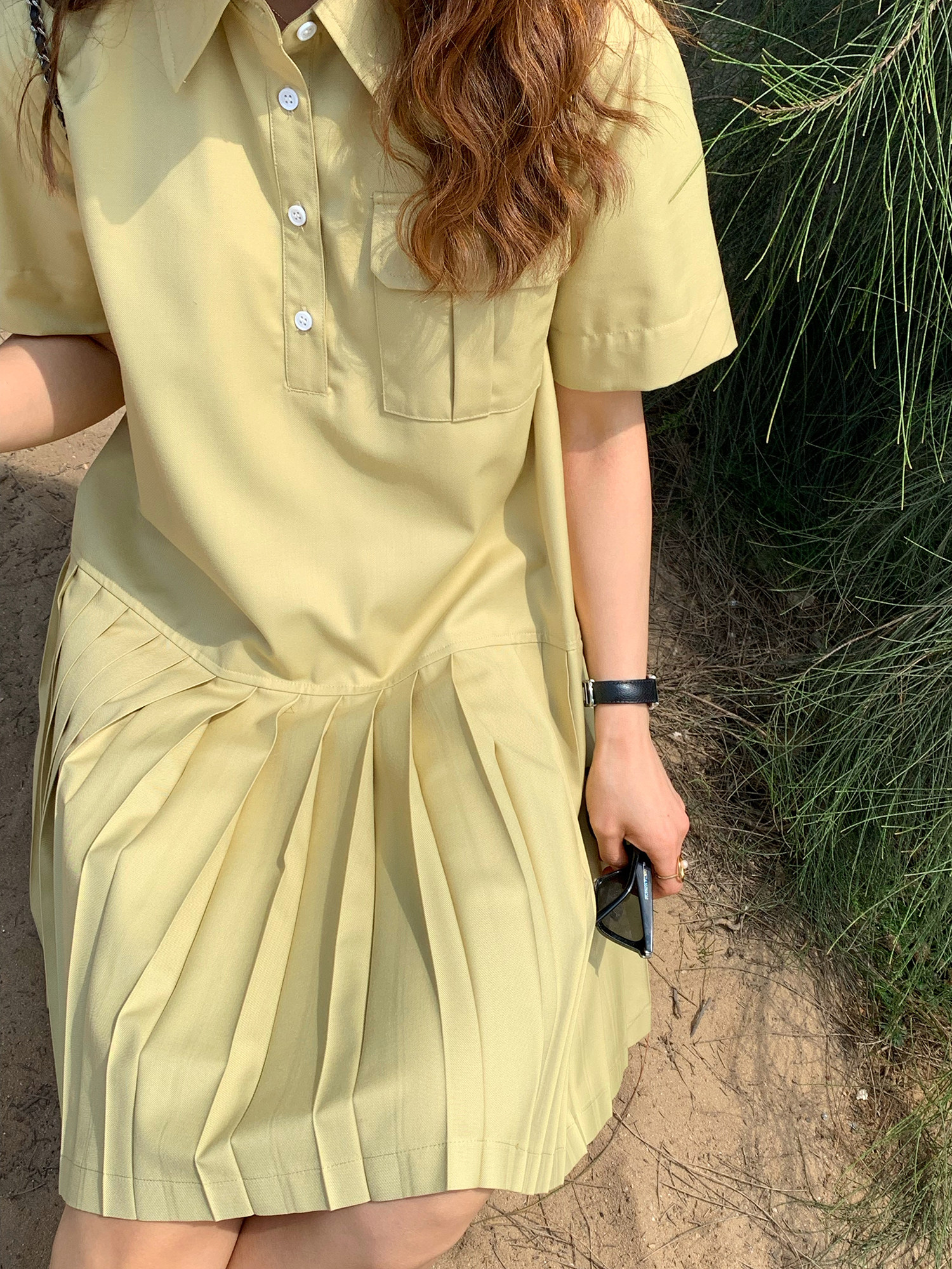 大吹女/夏 美貌奶油芥末绿！复古学院风POLO领衬衫百褶短袖连衣裙