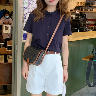 大吹女/夏高品质知识分子穿搭法式藏青橡皮粉POLO领短袖上衣T恤