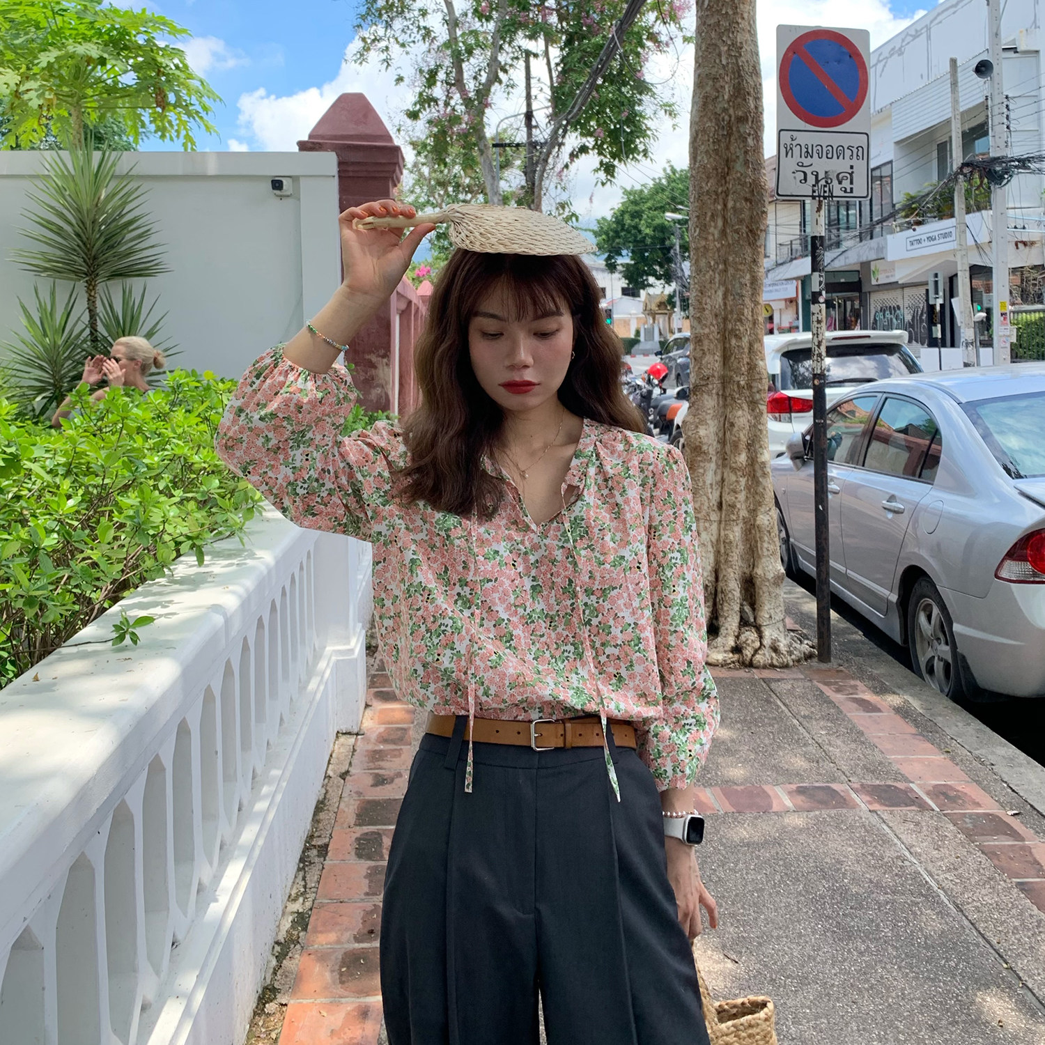 大吹女/清凉长袖干枯玫瑰粉绿色法式碎花复古V领系带长袖全棉衬衫