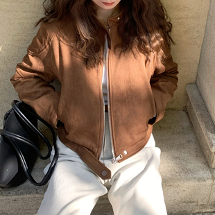 大吹女DCN 复古小巧版型修身棕色羽绒麂皮短款夹克立领外套小个子