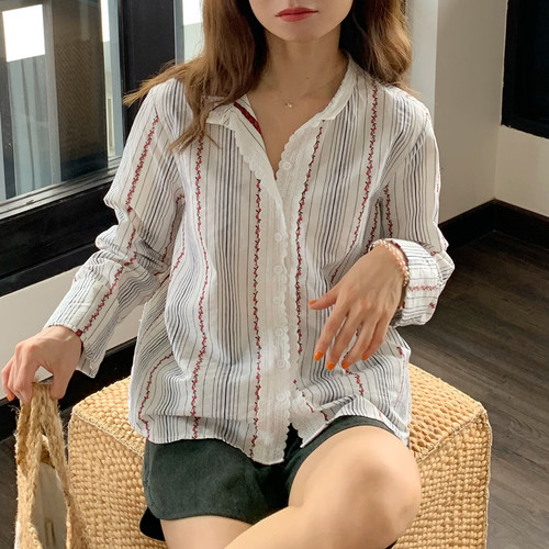 法式直身立领刺绣条纹棉衬衫
