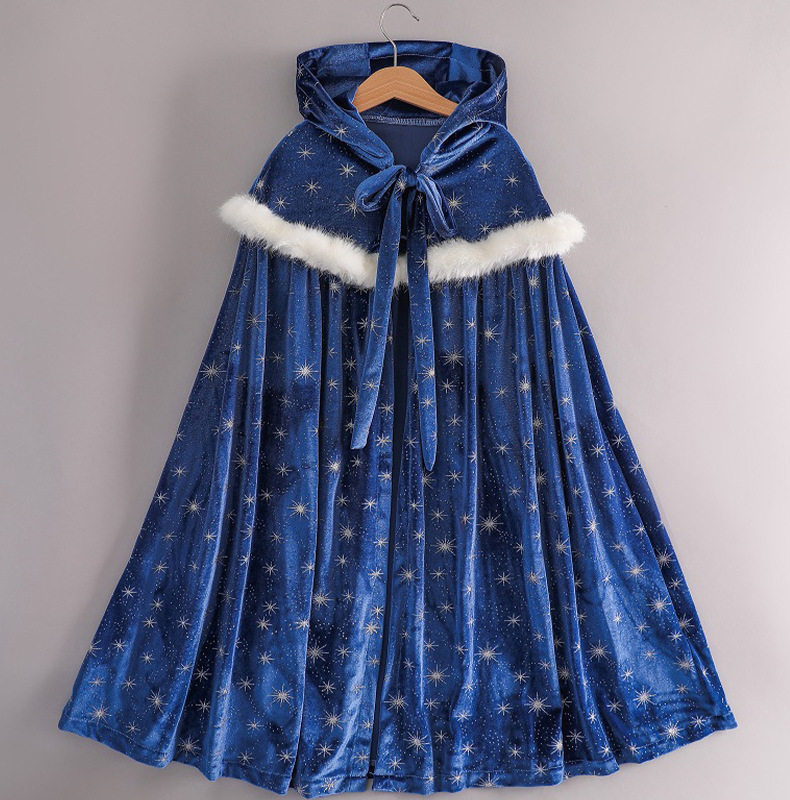 万圣节女童披风秋冬新款长袖冰雪风艾莎公主儿童斗篷连帽雪花深蓝