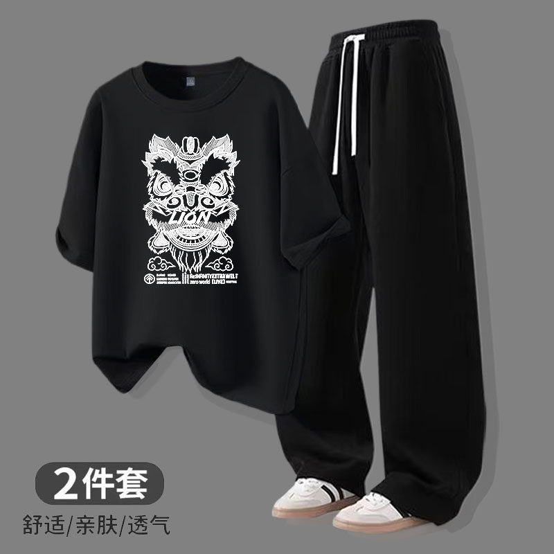冰丝t恤男夏季薄款速干跑步运动短袖长裤篮球服男生宽松休闲套装