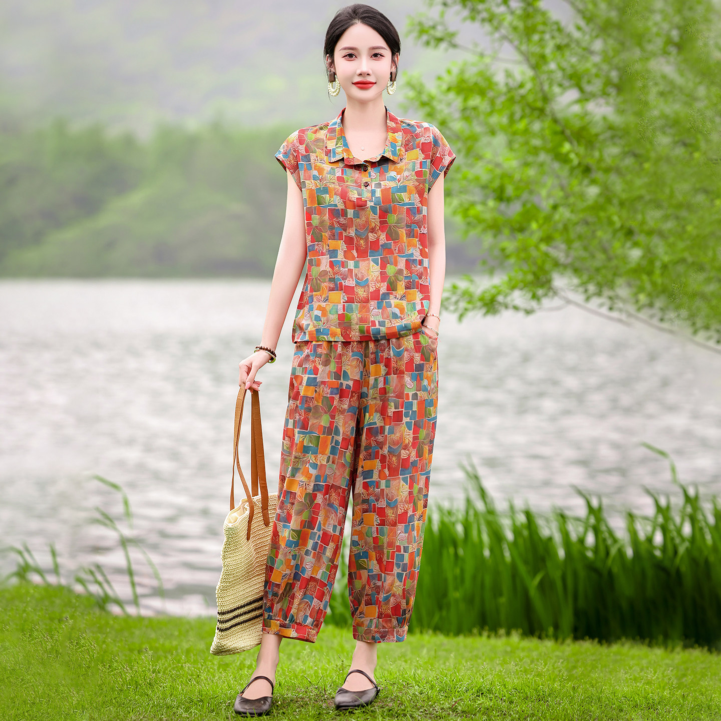 休闲可外穿棉绸套装女夏装两件套