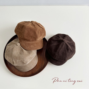 英伦复古儿童贝雷帽秋冬翻毛皮八角报童帽男童女童百搭纯色贝雷帽