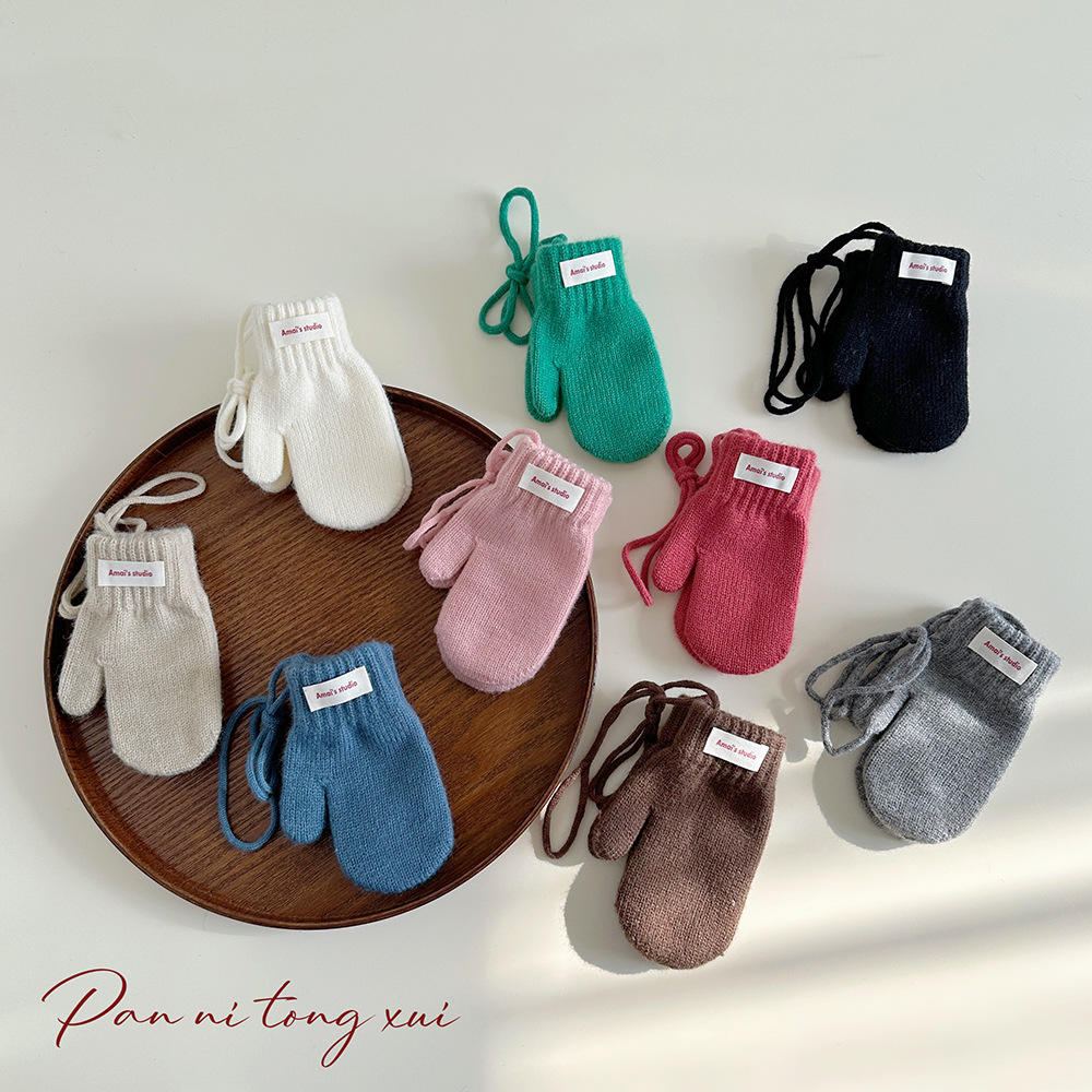 韩国ins儿童手套冬天挂脖连指纯色洋气男童女童针织保暖五指手套