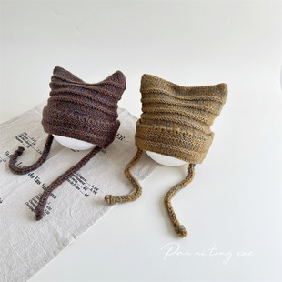 复古儿童针织帽秋冬保暖棉线简约男女童可爱凹造型系带毛线帽子潮