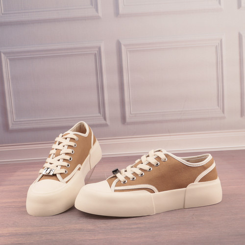 杏色圆头系带真皮垫女松糕帆布鞋