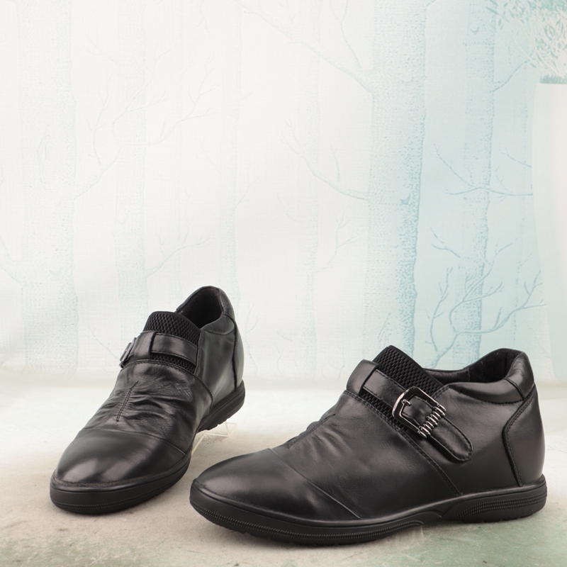 牛皮拼色圆头内增高软底休闲皮鞋