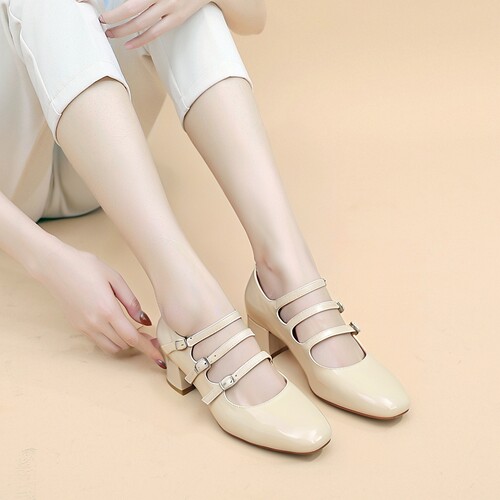 方头牛漆皮面羊皮里单鞋玛丽珍鞋