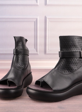 牛皮真皮摇摇底皮带扣镂空女鞋子女靴子短筒露趾时装靴凉靴X58-2