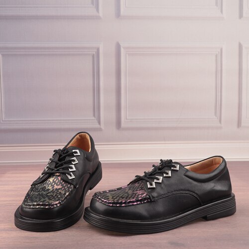 拼色牛皮圆头低跟通勤深口单鞋