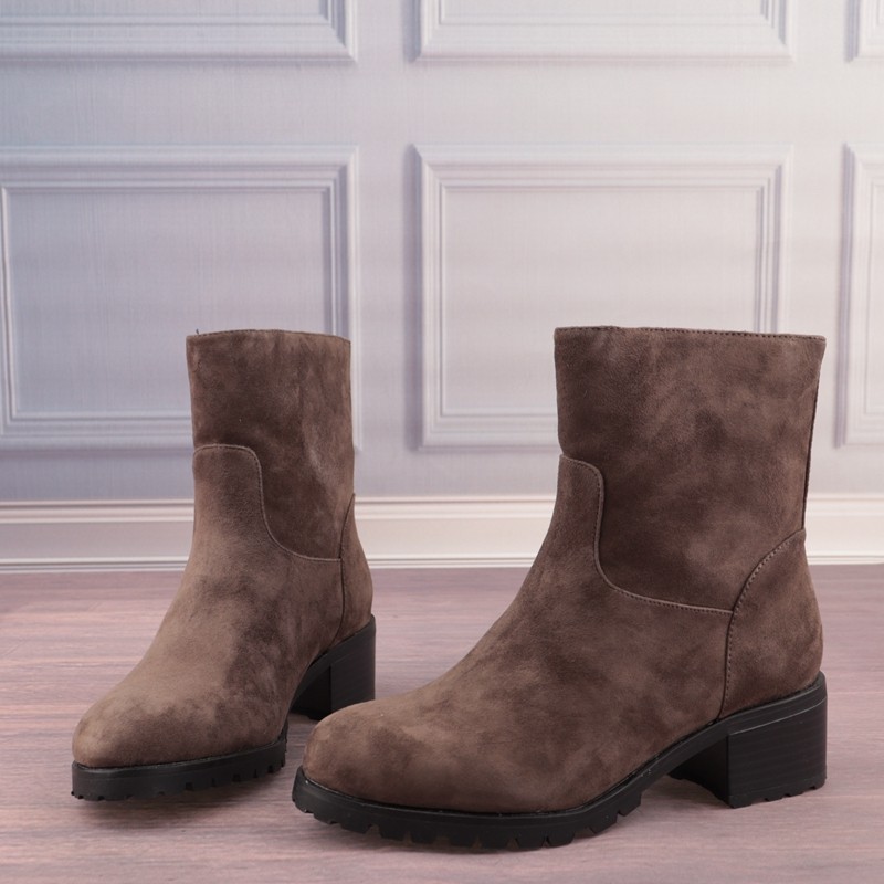 绒面圆头拼色中跟猪皮真皮垫女鞋子欧美女靴子短筒时装靴X32-1