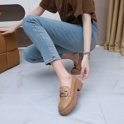 真皮里金属拼色圆头中跟女乐福鞋