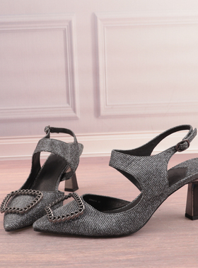 金属方扣尖头小方跟真皮垫女鞋子优雅高跟鞋包头时装凉鞋X134-2