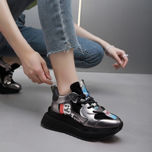 牛皮革拼色绒面羊皮真皮里韩版女鞋子圆头摇摇底休闲老爹鞋X97-2