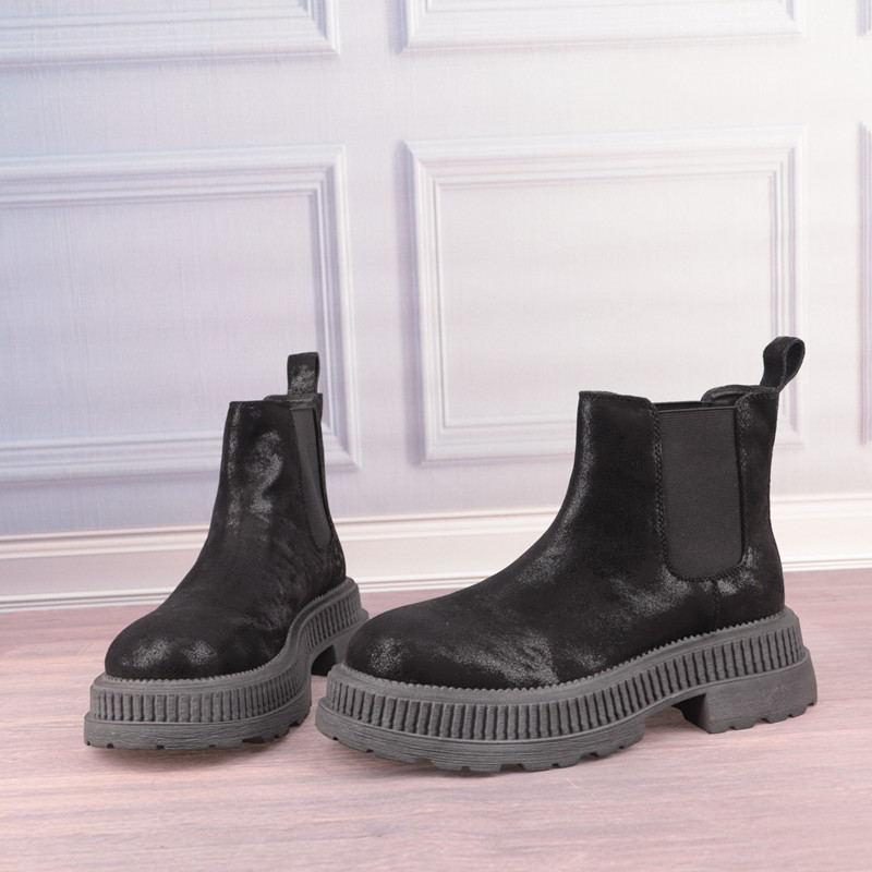 复古弹力布圆头系带猪皮真皮垫女鞋子短筒女靴子时装靴X137-2