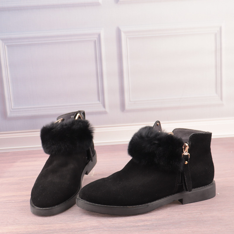 双拉链牛皮绒面革真皮女短靴
