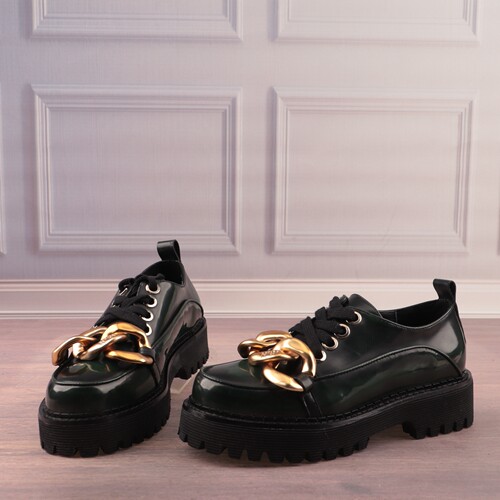 金属拼色牛皮革面羊皮里低跟单鞋