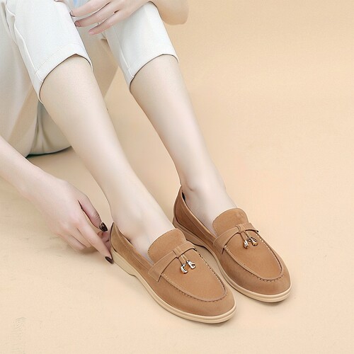 羊反绒圆头低跟复古风通勤乐福鞋