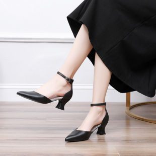 包头半凉鞋 PP牛皮真皮拼色蝴蝶结尖头高跟粗跟通勤女鞋 子浅口单鞋