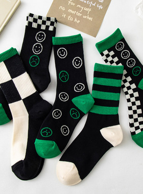 袜子女中筒袜绿色潮ins棋盘格街头运动笑脸黑白方格个性条纹情侣