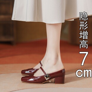 红色单鞋女夏天浅口小个子内增高小皮鞋高跟晚晚风法式玛丽珍女鞋
