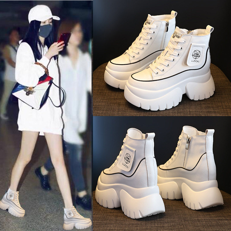 内增高小白鞋女厚底马丁靴牛皮高帮鞋秋冬新款白色短靴韩版百搭