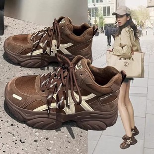 真皮高帮德训鞋女2025新款秋冬加绒棉鞋厚底不累脚运动休闲老爹鞋