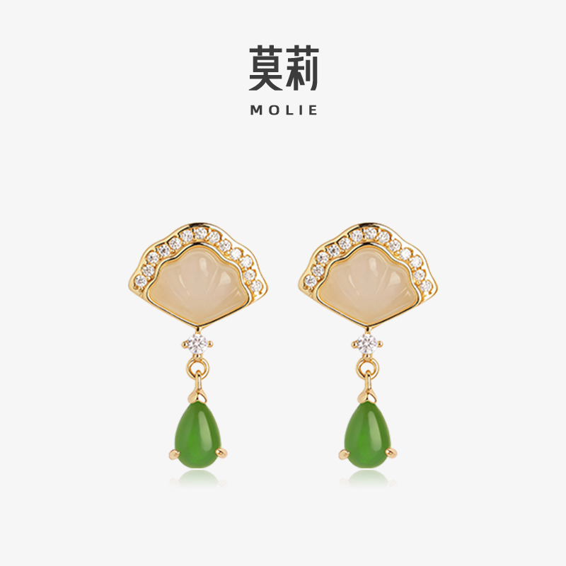 莫莉小众设计新中式耳饰天然和田玉碧玉民族风过年耳环花映银耳钉