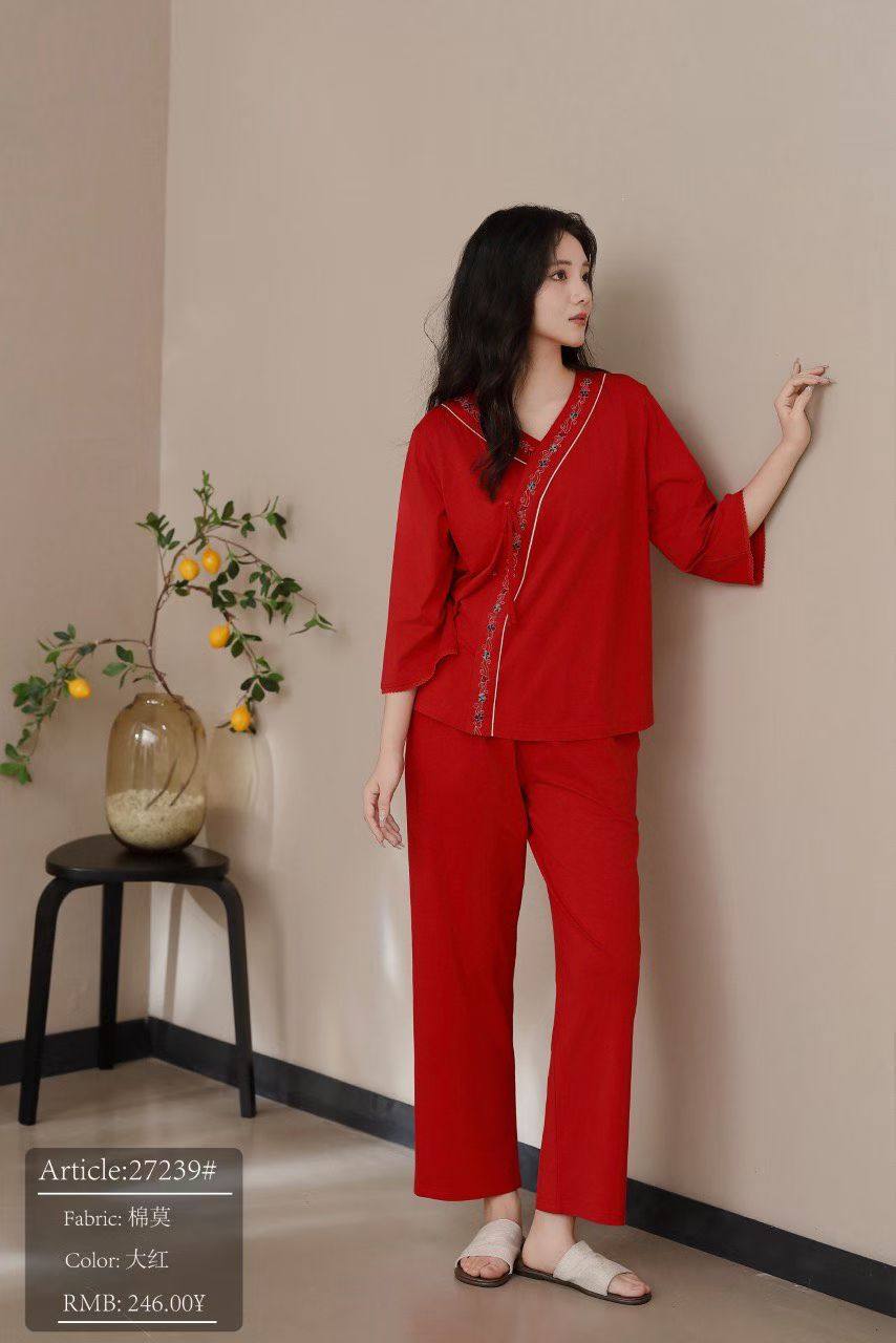 莎倩2026新款女士新中式莫棉睡衣套装宽松V领长袖长裤家居服套装