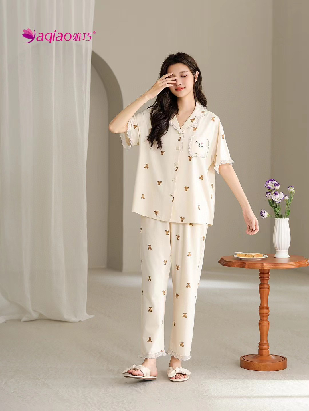 25新款春夏季复古公主纯棉女短袖长裤睡衣宽松对襟家居服套装