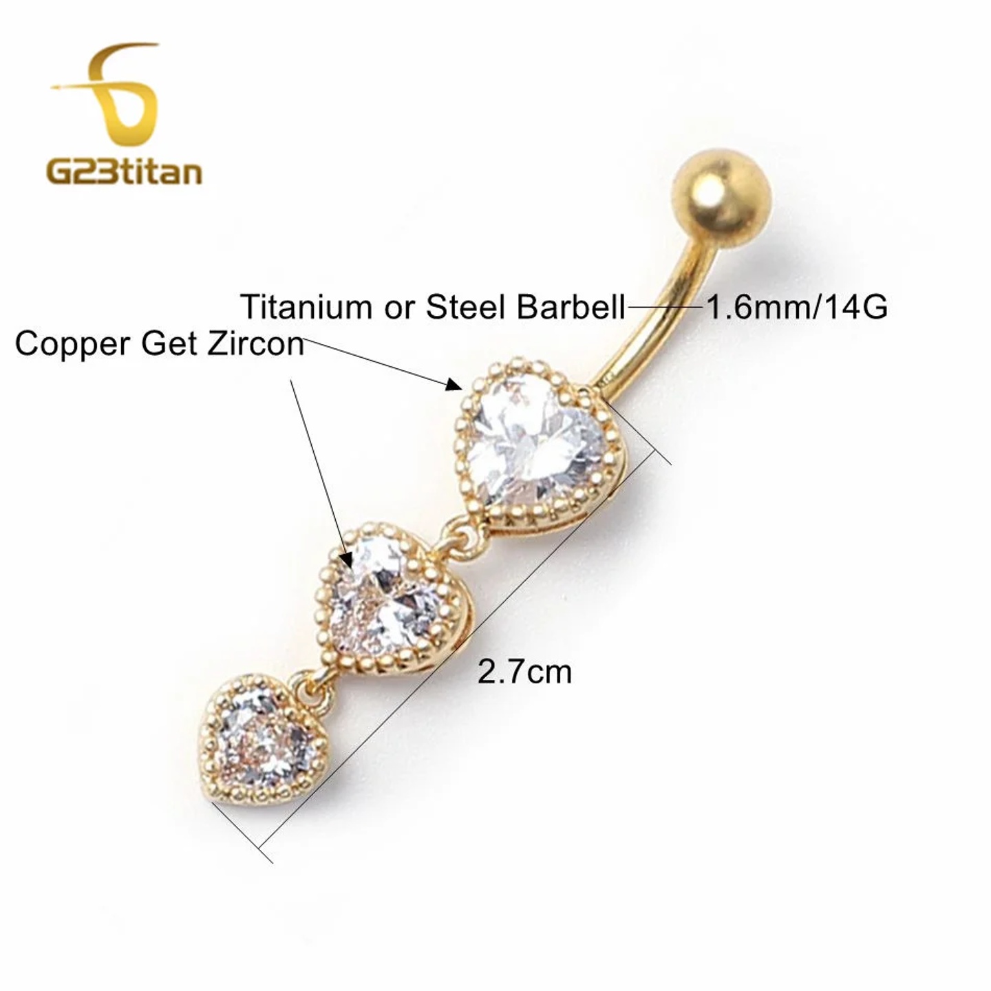 G23titan Zircon Heart Dangle Belly Button Rings 14G Allergy