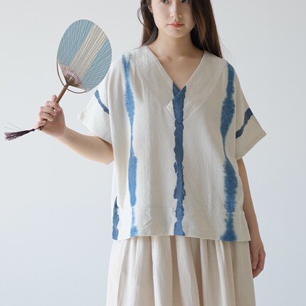 手工蓝染 纯棉V领设计感溜肩宽松舒服显瘦的上衣 3色